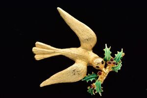 Mylu Vintage Christmas Bird Pin Brooch Brushed Gold Holiday Signed 1950s BinBK